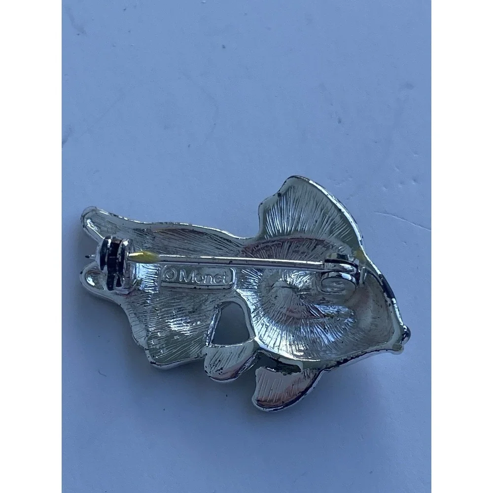 Monet Vintage Fish Brooch Pin Gold Yellow Enamel Turquoise Blue Rhinestones